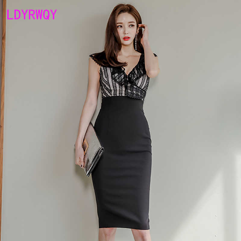 

summer Korean ladies' temperament slim V-neck stitching lace bag hip dress Knee-Length Office Lady 210603, Black