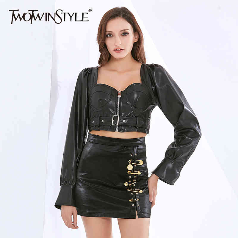 

Lace Up Short Tops For Women Square Collar Long Sleeve PU Leather Sexy Jackets Female Fashion Clothing Autumn 210524, Black