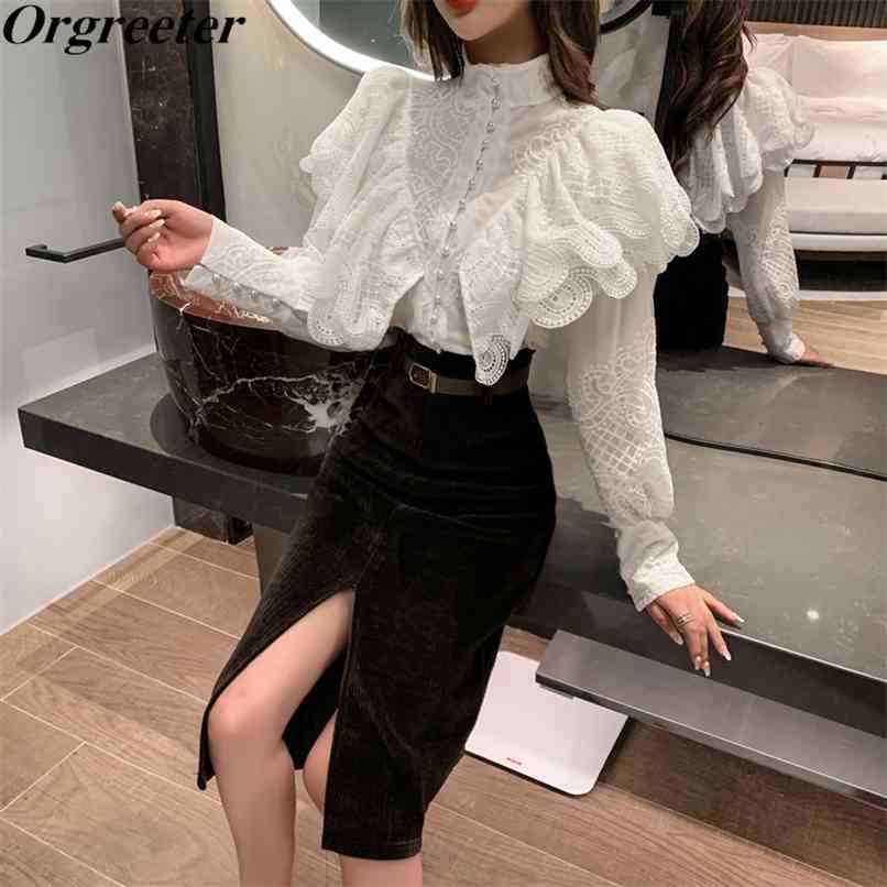 

Spring Stylish Retro Stand collar Single-breasted Ruffles Embroidery Lantern sleeve Shirt + Split Corduroy Skirt 2 Piece sets 210602, Only white shirt