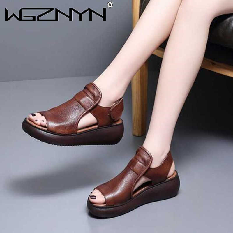 

2021 Fish Mouth High Quality Soft Leather Summer Roman Shoes Women Sandals Platform Heighten Shoe Wedges Sandals Open Toe Shoes Y0721