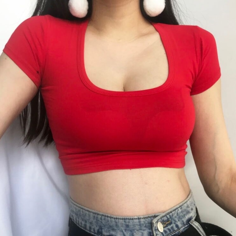 

Summer Fashion Sexy European Solid Color Stretch Low Chest Thin Exposed Navel Cotton Short-sleeved T-shirt O-Neck E181 210603, Army green