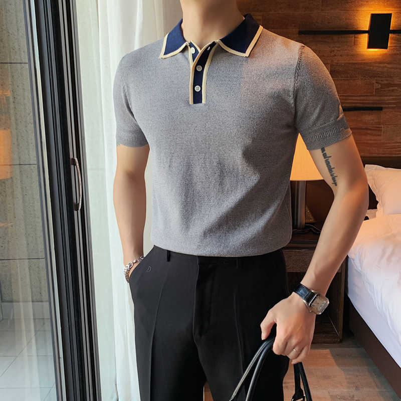 

British Style Short Sleeve POLO Shirt Men Casual Slim Lapel Tee Tops Business Social Street Wear Male Clothing Plus Size M-4XL 210527, Gray