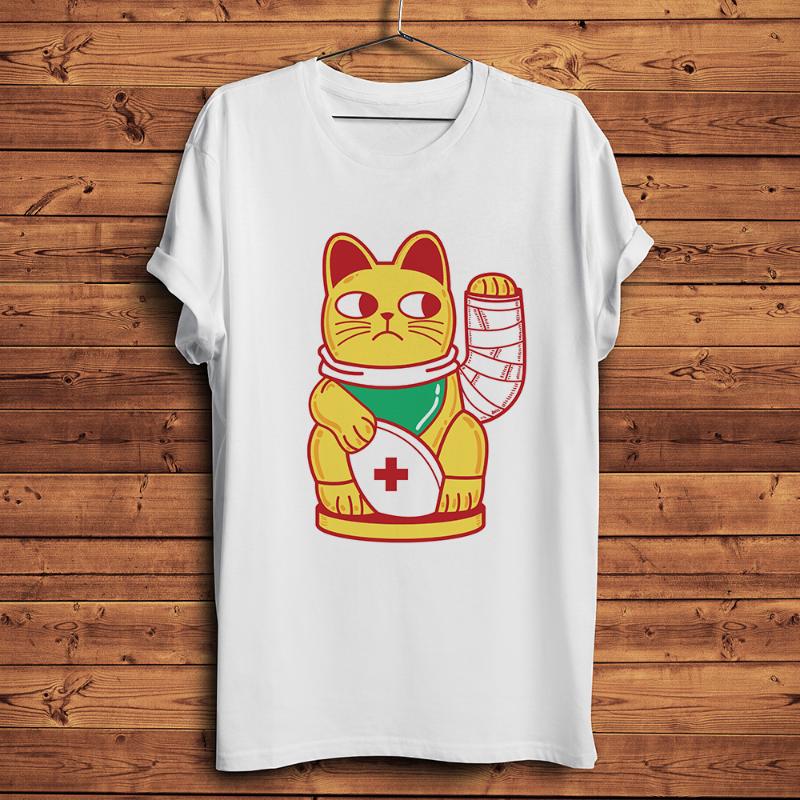 

Men's T-Shirts Unlucky Wounded Maneki Neko Lucky Cat Funny Anime Tshirt Men White Casual Short Sleeve Unisex Cute Streetwear T Shirt, White;black