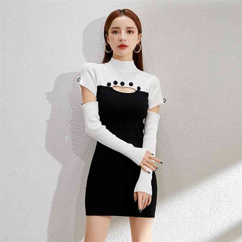 

Fashion women's dresses winter slim sexy bag hips temperament black and white inner knit dress 210520