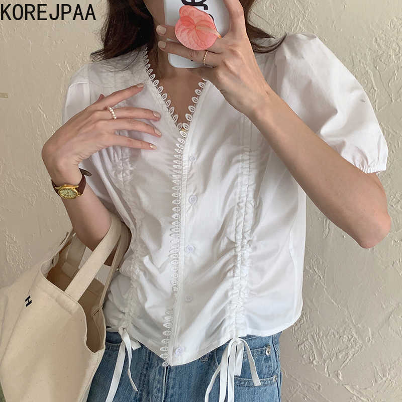 

Korejpaa Women Shirt Summer Korean Chic Ladies Niche Design V-Neck Hollow Lace Ruffled Drawstring Loose Puff Sleeve Blouses 210526, White