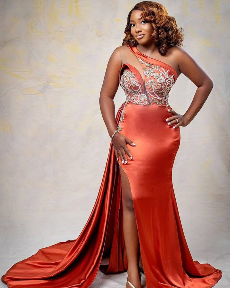 Plus Size Orange One Shoulder Evening Dresses Lace Beaded High Split Prom Formal Party Gowns Dress 2022-image-731244628