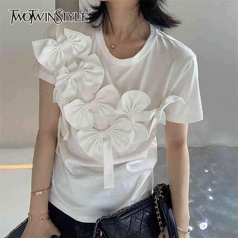 

TWOWINSYLE White Patchwork Bowknot Shirt For Women O Neck Short Sleeve Casual Shirts Female Fashion Clothing Summer 210524, Black