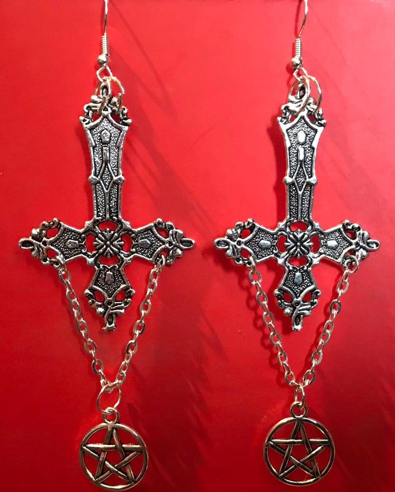 

Dangle & Chandelier Gothic Silver Colour Inverted Cross Pentagram Earrings Satanic Occult Alternative Grunge Jewellery Down Goth Punk Men Wo