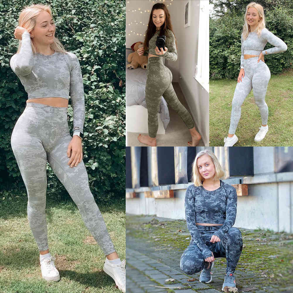 

Outdoor Indoor Exercise Fitness Suit2021 seamless autumn winter fitness sports long sleeve pants Yoga Set camouflage workout sets, Army green long sleeves + trousers