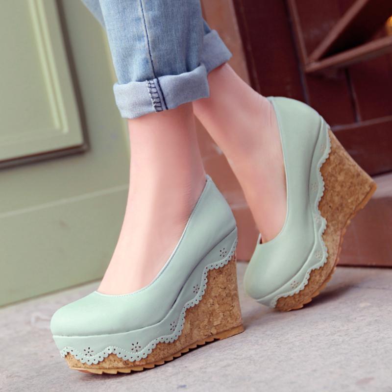 

Dress Shoes Fanyuan Elegant Girls Platform Trendy High Wedges Solid Round Toe Party Casual Women Pumps Spring Fashion Woman, Blue
