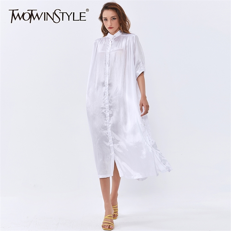 

Casual White Shirt Dress For Women V Neck Long Sleeve Side Split Loose Dresses Female Autumn Fashion 210520