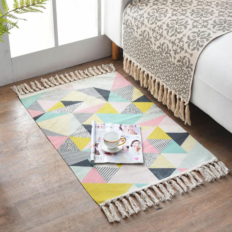

Carpets Retro Bohemian Hand Woven Cotton Linen Carpet Vintage Printed Rug With Tassels Living Room Bedroom Home Decor