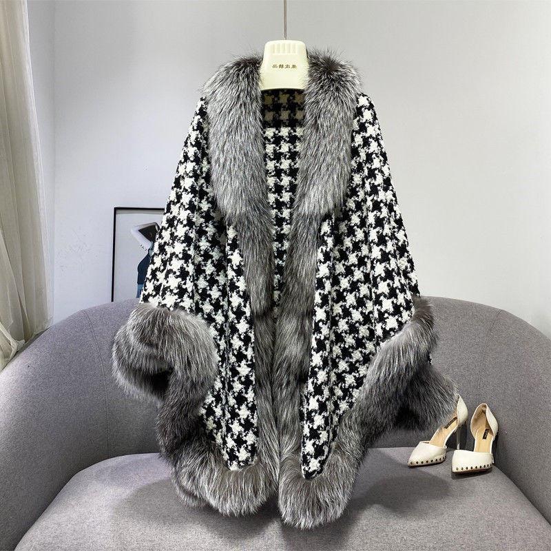 

Women's Fur & Faux Houndstooth Thickened Net Red Coat Women Loose Casual Double-sided Wear Temperament Ladies Shawl Furry Cloak Winter, Black