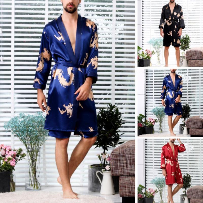 

Men's Sleepwear 2Pcs Stylish Men Bathrobe Imitation Silk Dragon Print Bath Robe Short Pants Pajama Set Homewear, Blue