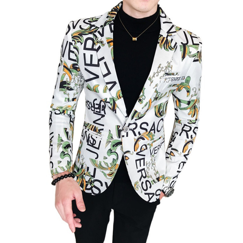 

Spring and Autumn Fashion Men's Casual Letter Printing Long Sleeve Slim Suit Blazers Jacket Coat 220310, White