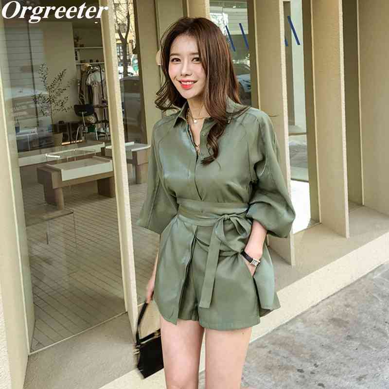 

Casual Shirt and Shorts 2 piece set Women Summer Fall Lantern Sleeve Sashes Blouse Tops Elastic waist Suits 210525, White