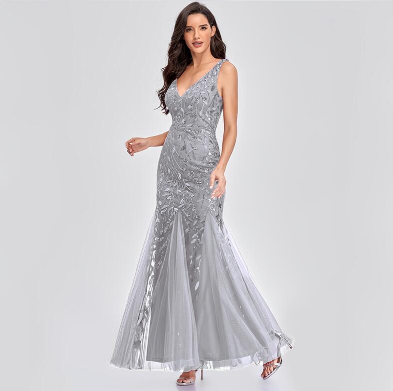 

purple V-neck sexy long Mermaid dresses summer skirt sleeveless embroidered sequins Slim fit bridesmaid party dress women, Navy blue