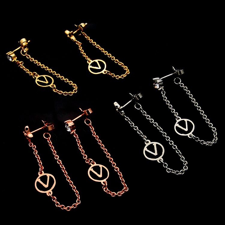 

Top Quality Brass Women Designer Studs Luxury Asymmetric Single Diamond Chain 3 Color Copper Earrings Classic Vintage for Women Wedding Party Gifts