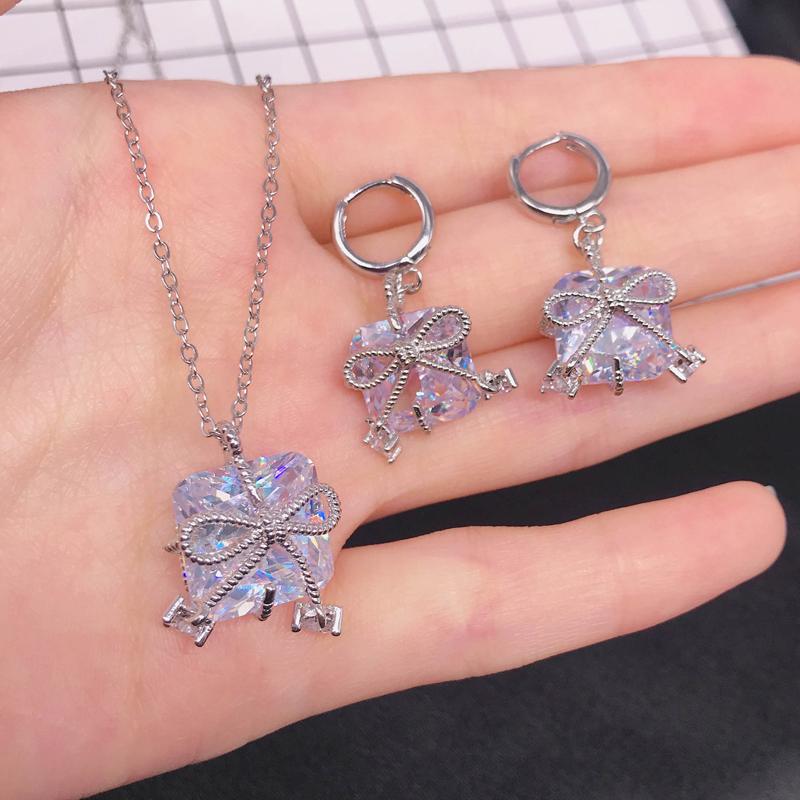 

Earrings & Necklace Delicate Bowknot Drop Inlay Square Cubic Zirconia Korean Style Geometry Pendant For Women Wedding Jewelry Set, Silver