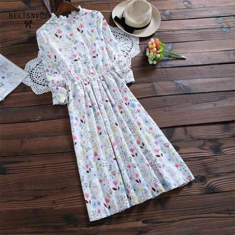 

Mori Girl Autumn Winter Female Robe Ruffled Corduroy Vestidos De Festa Long Sleeve Gorgeous Sweet Floral Printed Women Dresses 210520, White