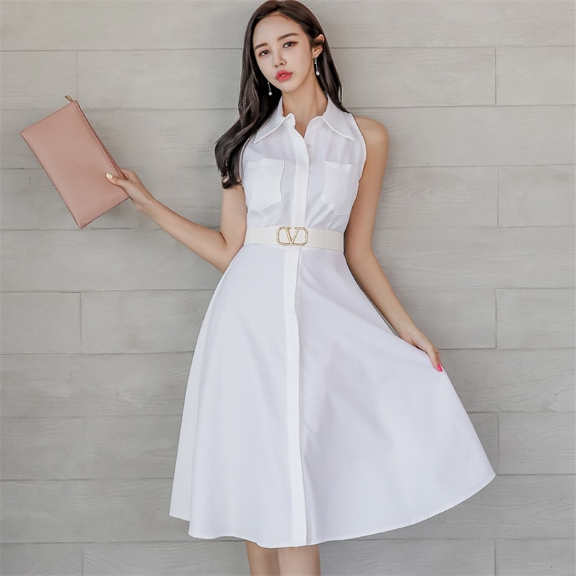 

White shirt dress Dress for women Summer Sleeveless notched neck polyester Sundress Sexy Ladies Office A line Dresses 210602, White (send belt)