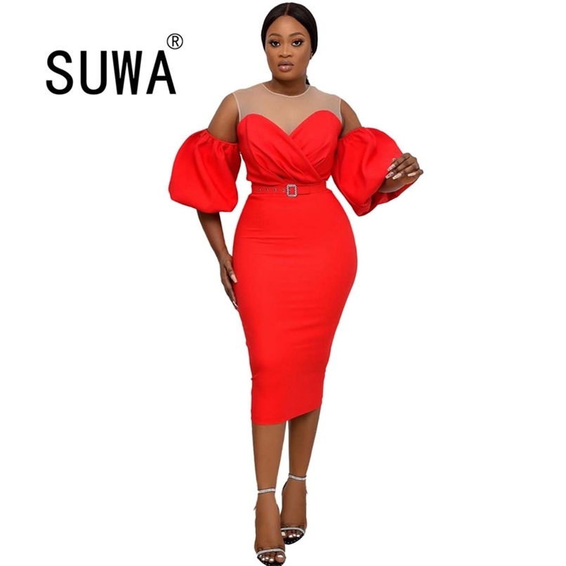 

All Red Black Women Dresses For Party And Wedding Midi Puff Sleeve High Waist Sheath Knee Length Gowns Vestidos Free 210525