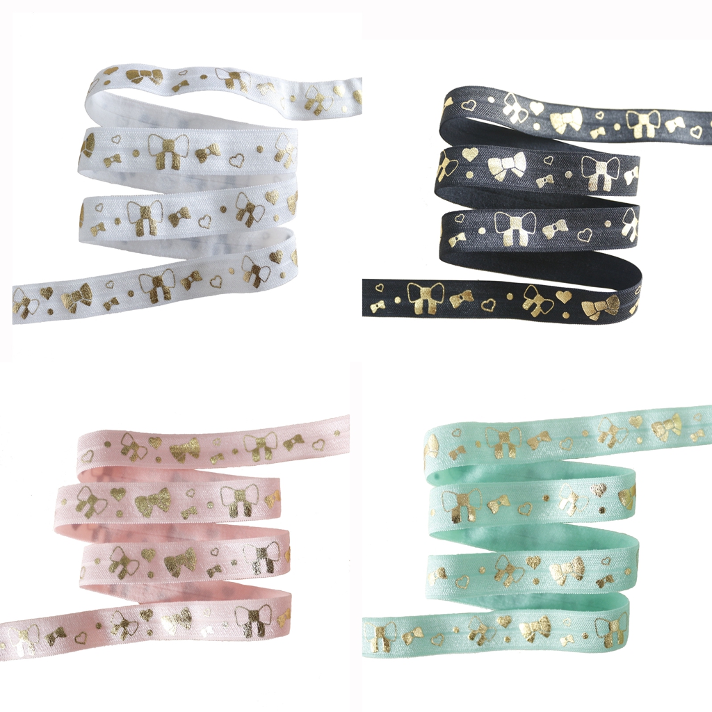 

100yards/lot Gold Foil bowknot FOE Ribbon Bow-tie Fold Over Elastic Hair ties accessories welcome custom design