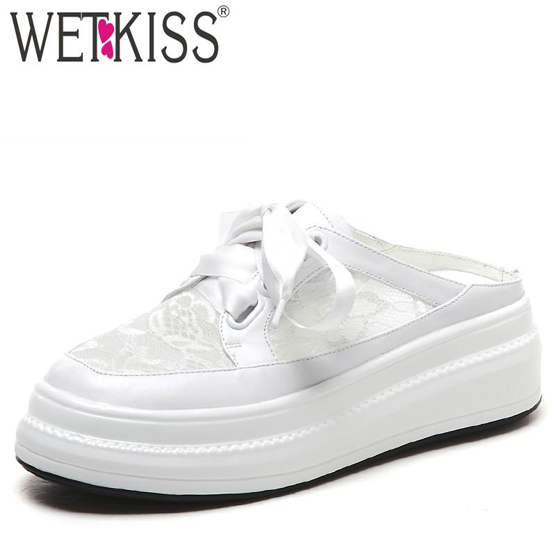 

Slippers WETKISS Summer White Platform Flat Shoes Female 2021 Women Slides Lace Up Square Toe Mules Girl, Black