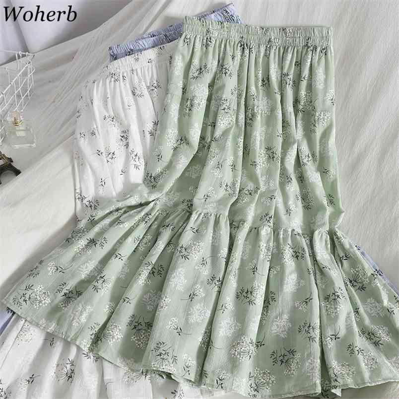 

Streetwear Women Summer Skirt Elastic High Waist Jupe Femme Korean Chic Sweet s Midi Print Floral Womens 210519, Blue