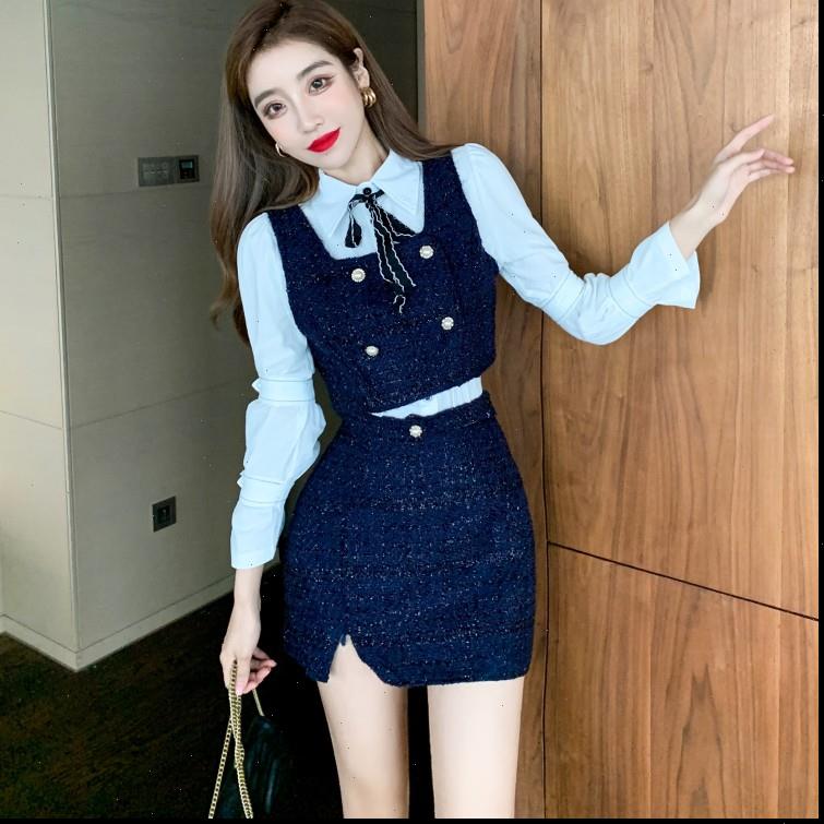 

Autumn 3 Piece Set Sweet Women Dress Long Sleeve shirt Tweed Golden Double Breasted Vest Crop Top High Waist Mini, White