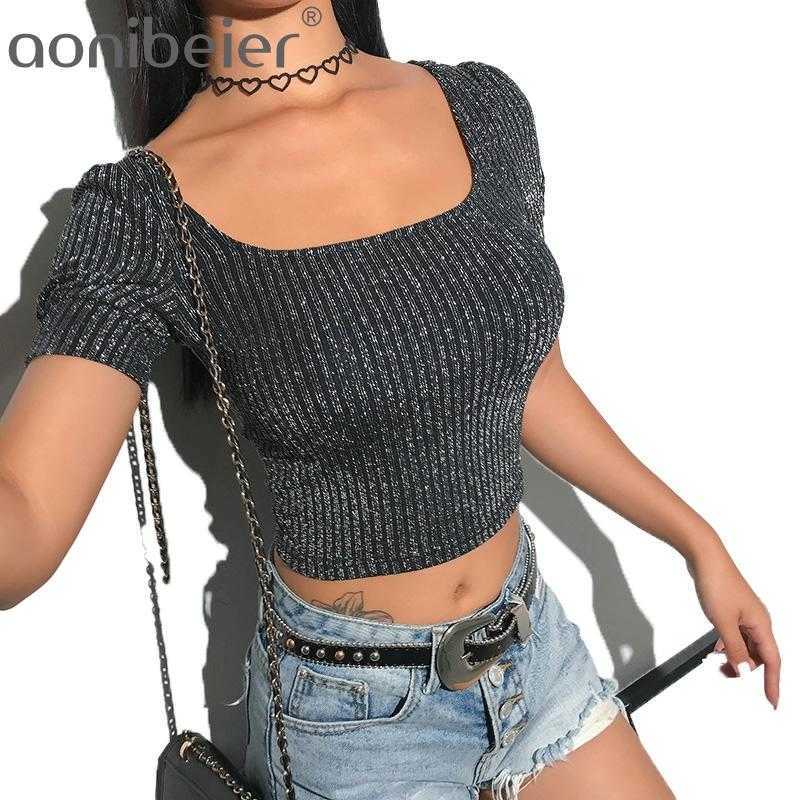 

Sexy Square Collar Glitter Knit Women Tees Fashion Puff Sleeve Short Slim Fit T-Shirt Girls Shiny Crop Tops 210604, Black