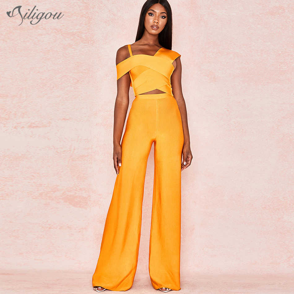 

All Fashion Orange Two-Piece Sexy Spaghetti Strap Back Zip Design Celebrity Party Bandage Pants Set 210527