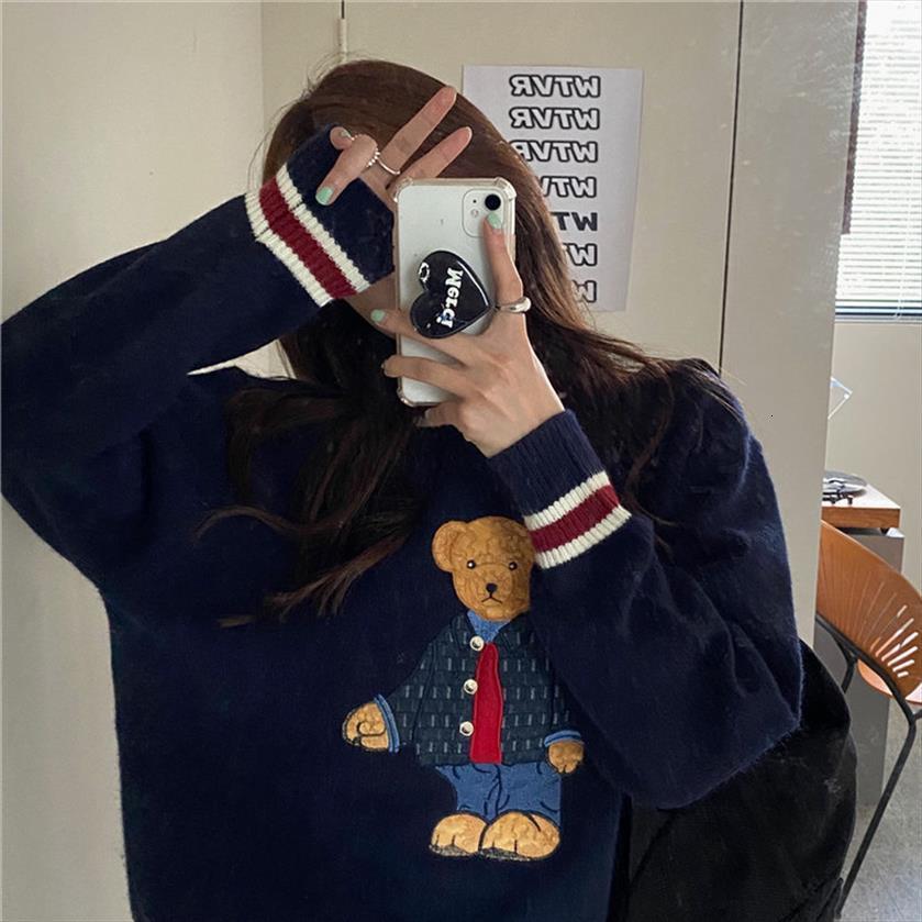 

women japan style fall cartoon womens sweaters bear embroidery pullover knitting female casual warm harajuku sweet kawaii winter clothes, White;black