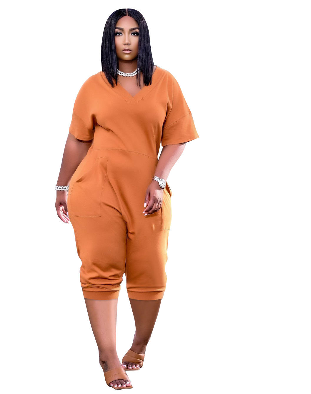 

Women's Jumpsuits Loose Solid Color and V-neck Casual Cropped Jumpsuit, Black;white