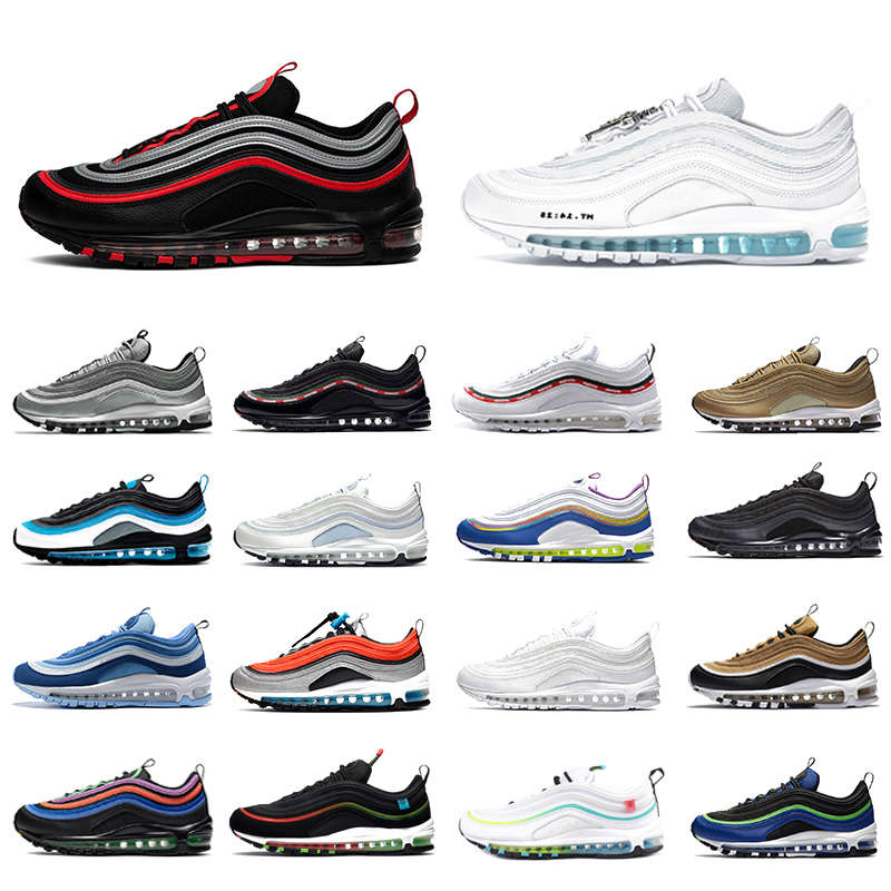 

Bred MSCHF x INRI Jesus 97 Mens Running shoes Triple Black white Sliver Bullet Metalic Gold 97s UNDEFEATED men women trainer sports sneakers, Color#32