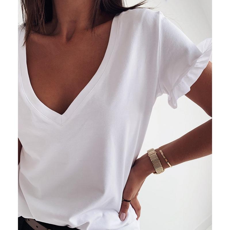 

Women's T-Shirt Summer Simple Solid Color V-Neck Ruffle Short Sleeve Top, White