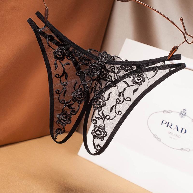 

Women Sexy Lace Lingerie Temptation Low-Waist Panties Embroidery Thong Transparent Hollow Out Underwear Female G String Whore Women's, Black