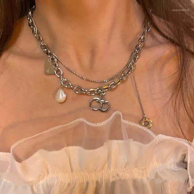 

Chains 2021 Goth Punk Silver Colour Metal Flower Cherry Geometry Pearl Pendant Chain Short Necklace For Women Man Egirl Party Jewelry
