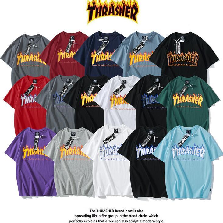 

Hip Hop Short Sleeve Thrasher T-shirt Mens Designer Hoodies Sweatshirts THRASHER Flame Hooded Hoody Print Velvet T-shirt Clothing, Blue
