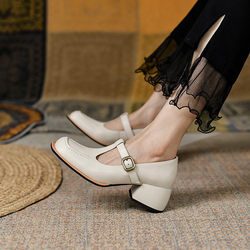

Dress Shoes Spring 2022 Genuine Leather Women Square Toe Thick Heel Casual Buckle Strap Platform Heels Shallow JK, Black