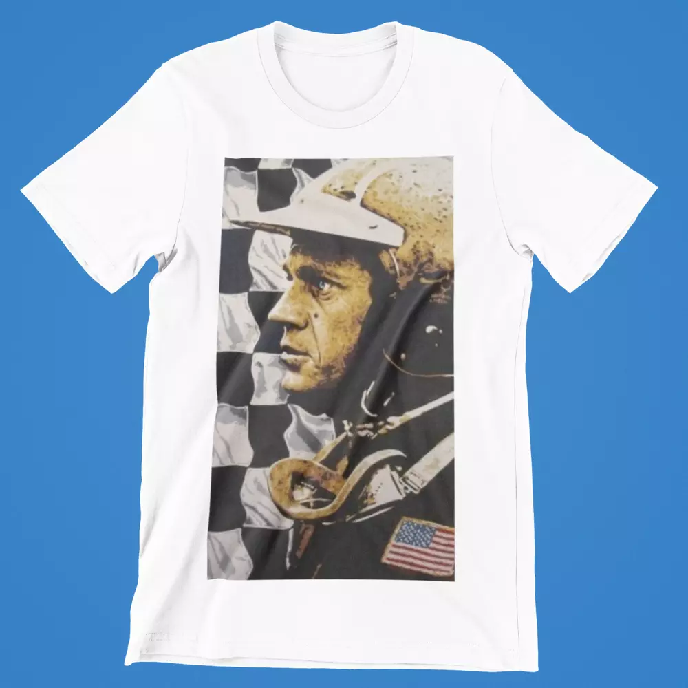 

Steve McQueen T-Shirt Racer Le Mans 24 Movie Retro Film Car Bike, White;black