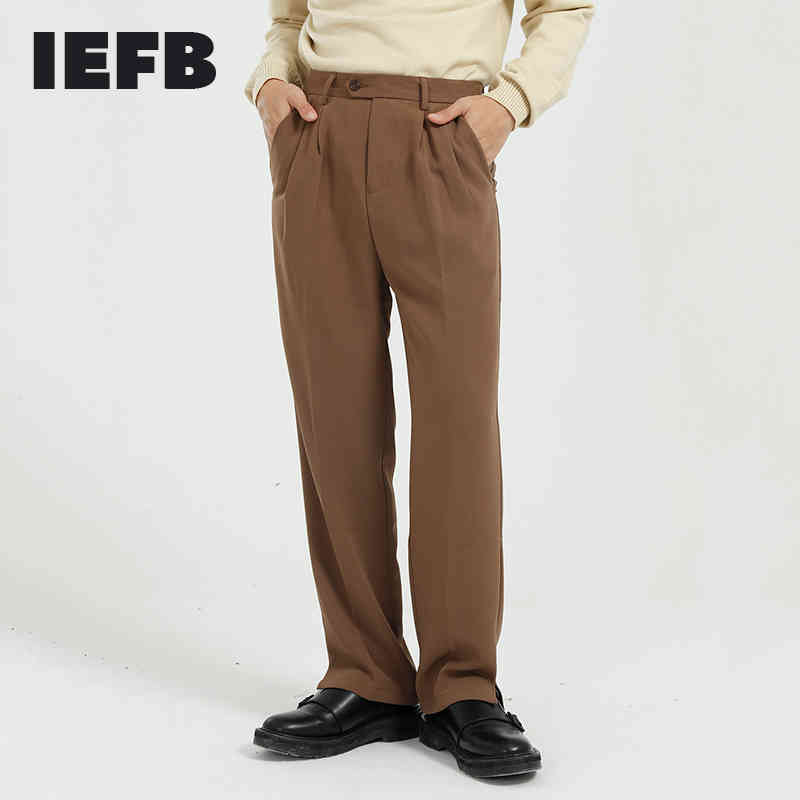 

IEFB Men's Wear Casual Loose Straight Suit Coat Korean Fashion Spring Mid Waist Comfortable Leg Split Trousers 9Y5055 210524, Brown
