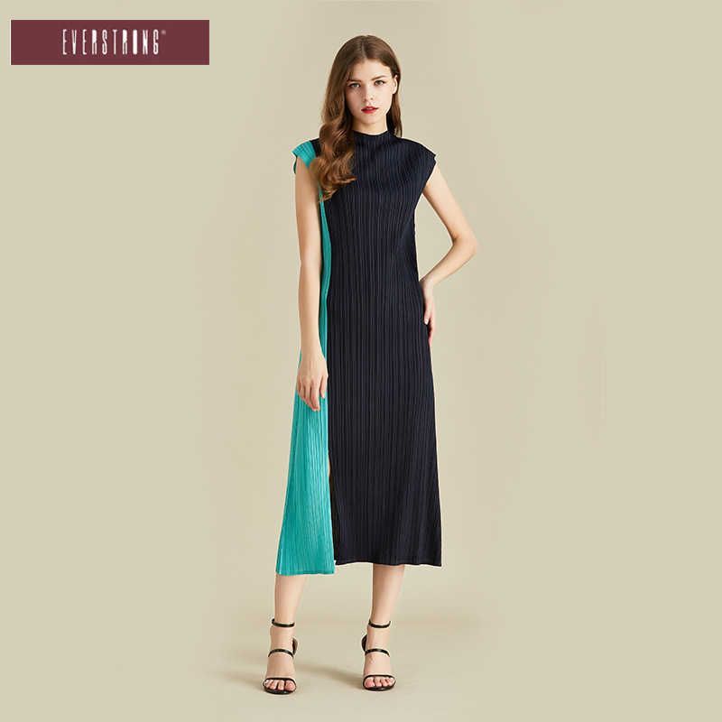 

Summer Pleated Medium-length A Line Slim Color Irregular Half High Collar Fork Dress for Women 210615, Blue