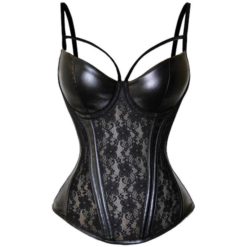 

Gothic Womens Sheer Lace Vinyl Leather Overbust Corset Bustier Plus Size Black Spaghetti Strap Slim Waist Cincher Bodyshaper 3XL