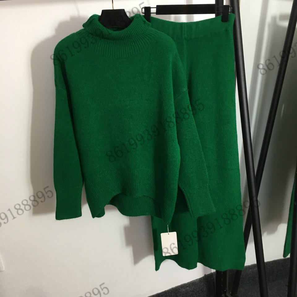 

brand women knitted pants sets High neck loose pullover sweater + high waist wide leg 2-piece trousers female colorful sweaters 2022ss spring clothing, Gray