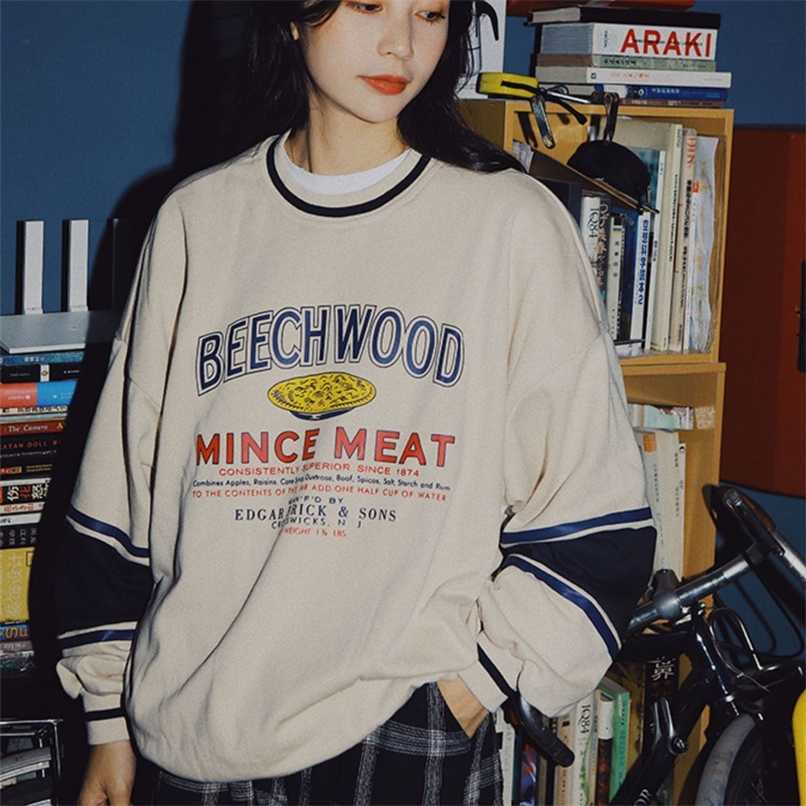

Preppy Style Brand Vintage Letter Print Crewneck Sweatshirt for Teens Girls Women Long Sleeve Tops Korean Harajuku Clothes 211109, Apricot