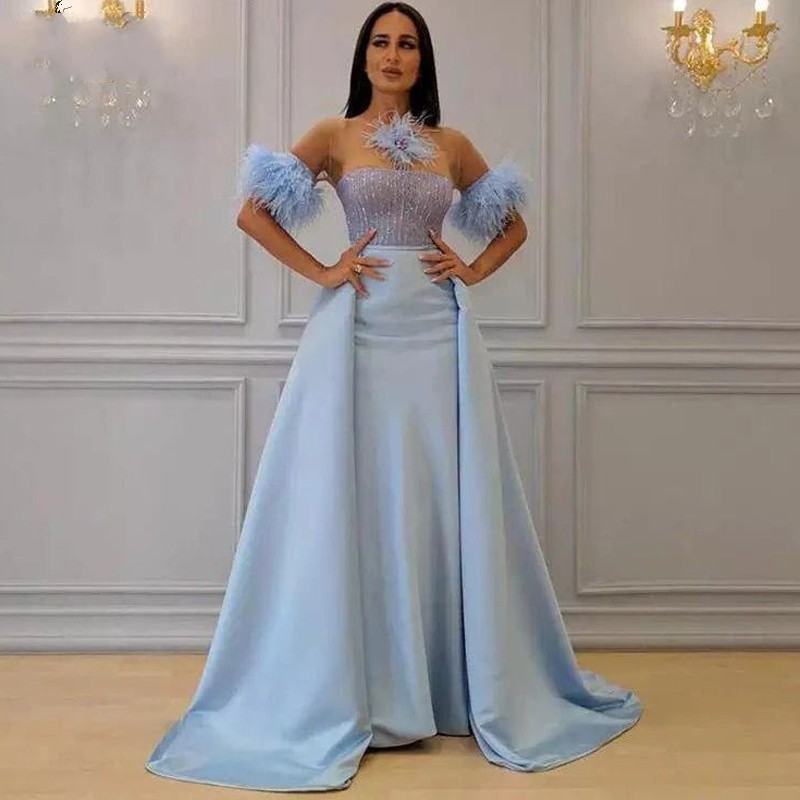 

light sky Blue Overskirt Evening Dress strpless beaded Feathers Short Sleeves Illusion Neck Sheath Prom Dresses with Detachable Train robe de soiree, Coral