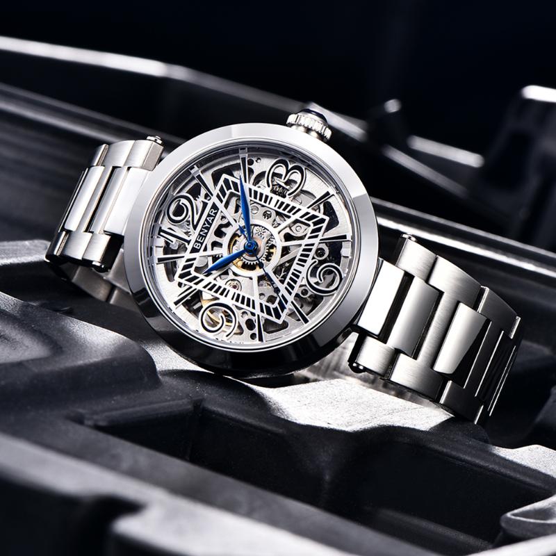 

Wristwatches Top Brand Men Mechanical Watch Luxury Stainless Steel Automatic Wristwatch Waterproof Business Men's Watches Montre Homme, White