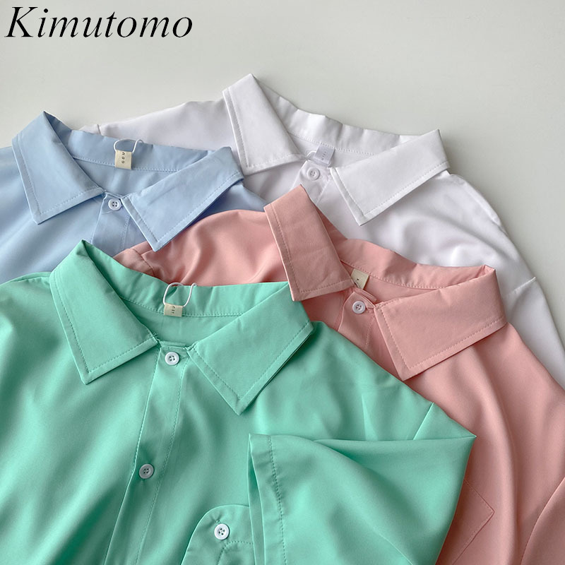 

Kimutomo Solid Short Sleeve Blouse Women Summer Korean Style Female Casual Loose Turn Down Collar Single Breasted Shirt 210521, Green