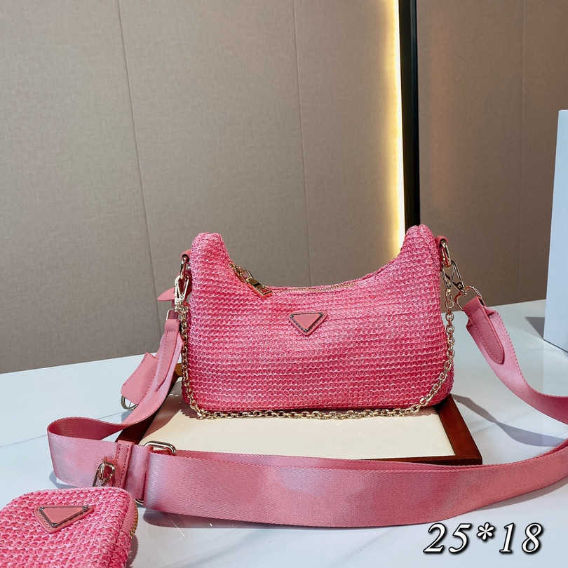 

2-pc Luxury Women Handbags Shoulder Bags Nylon Straw Purses Designer Baguettes Hobos Lady Crossbody Chain Bag Triangle Small Totes Top, Contact seller